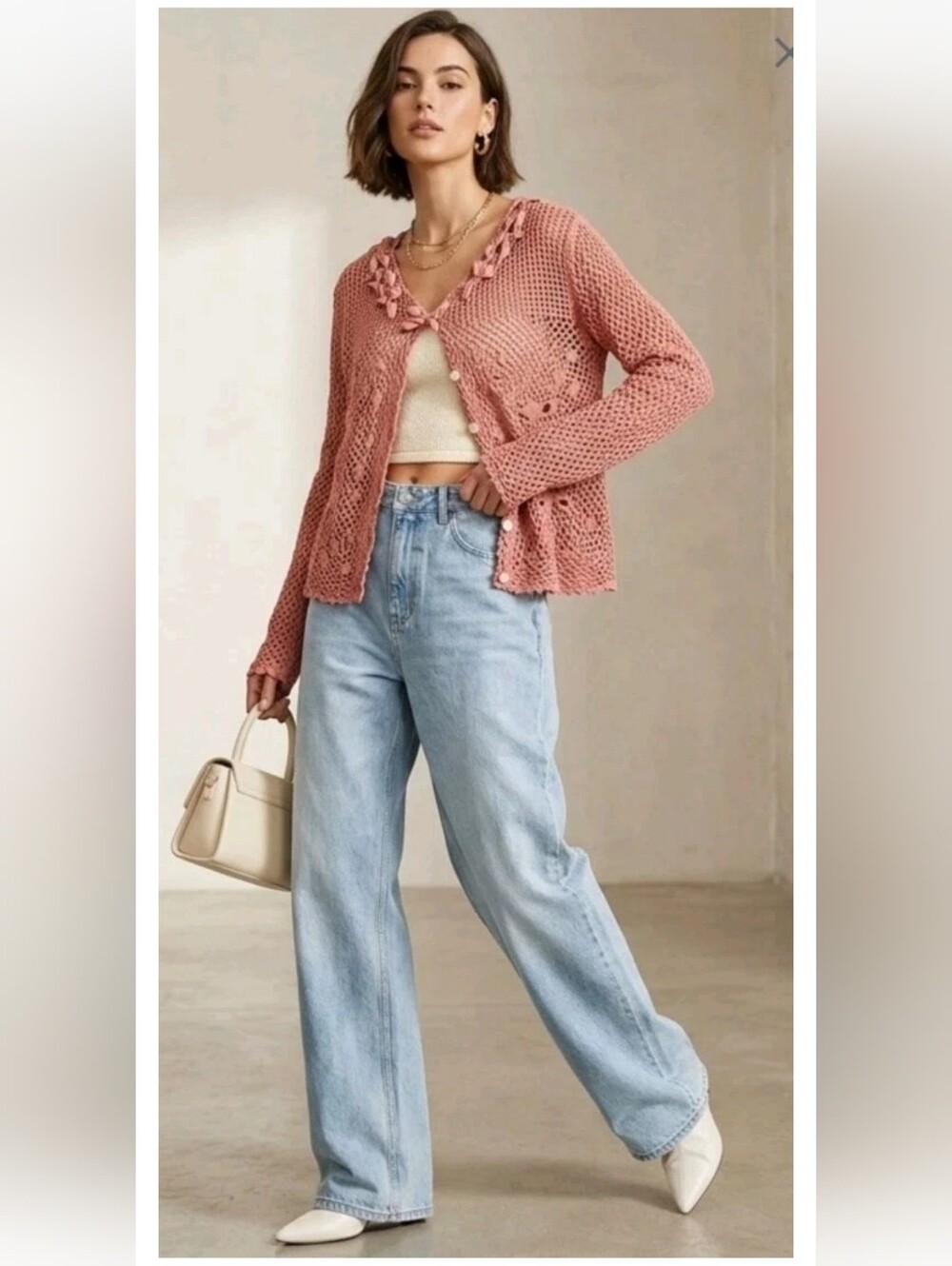 Modern Soul Cardigan Linen Cotton Crochet Dusty Pink Open Knit Ribbon 90s Y2k XL